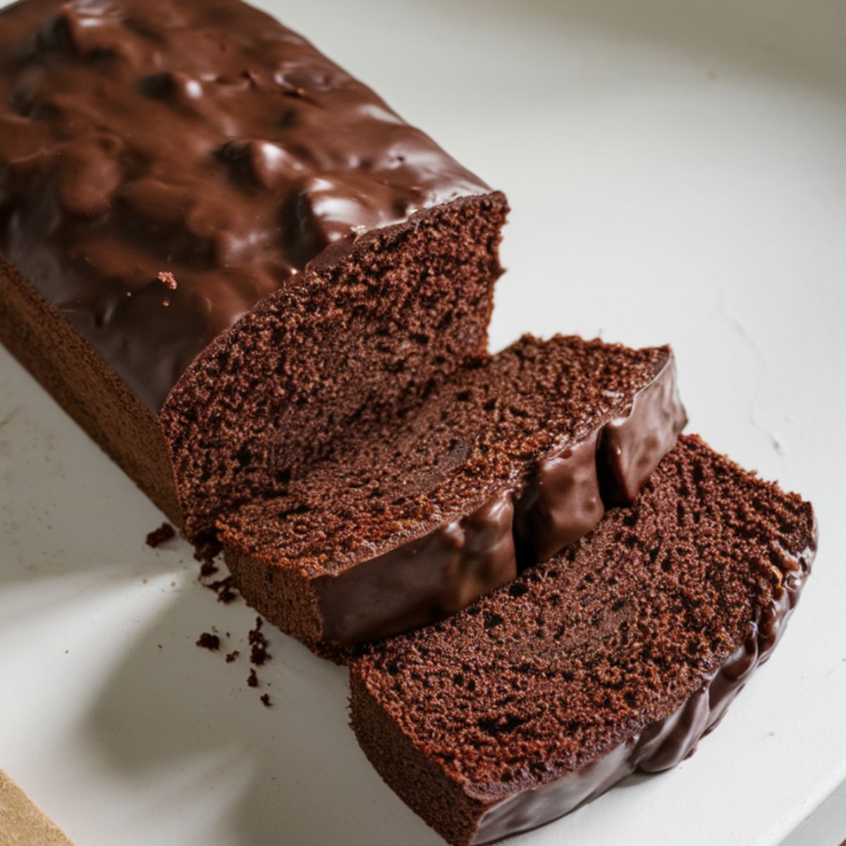 chocolate pound cake topped with shiny chocolate glaze, sliced to show its rich and moist interior