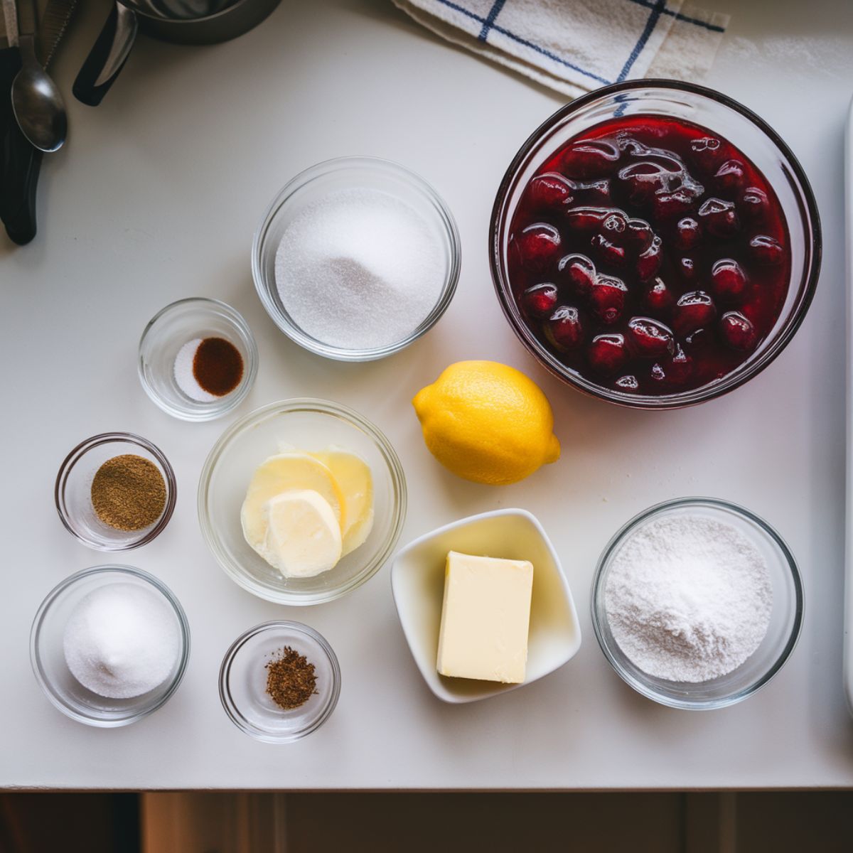 Measured Canned cherry pie recipe ingredients in glass bowls on a white countertop, including canned cherry pie filling and spices.