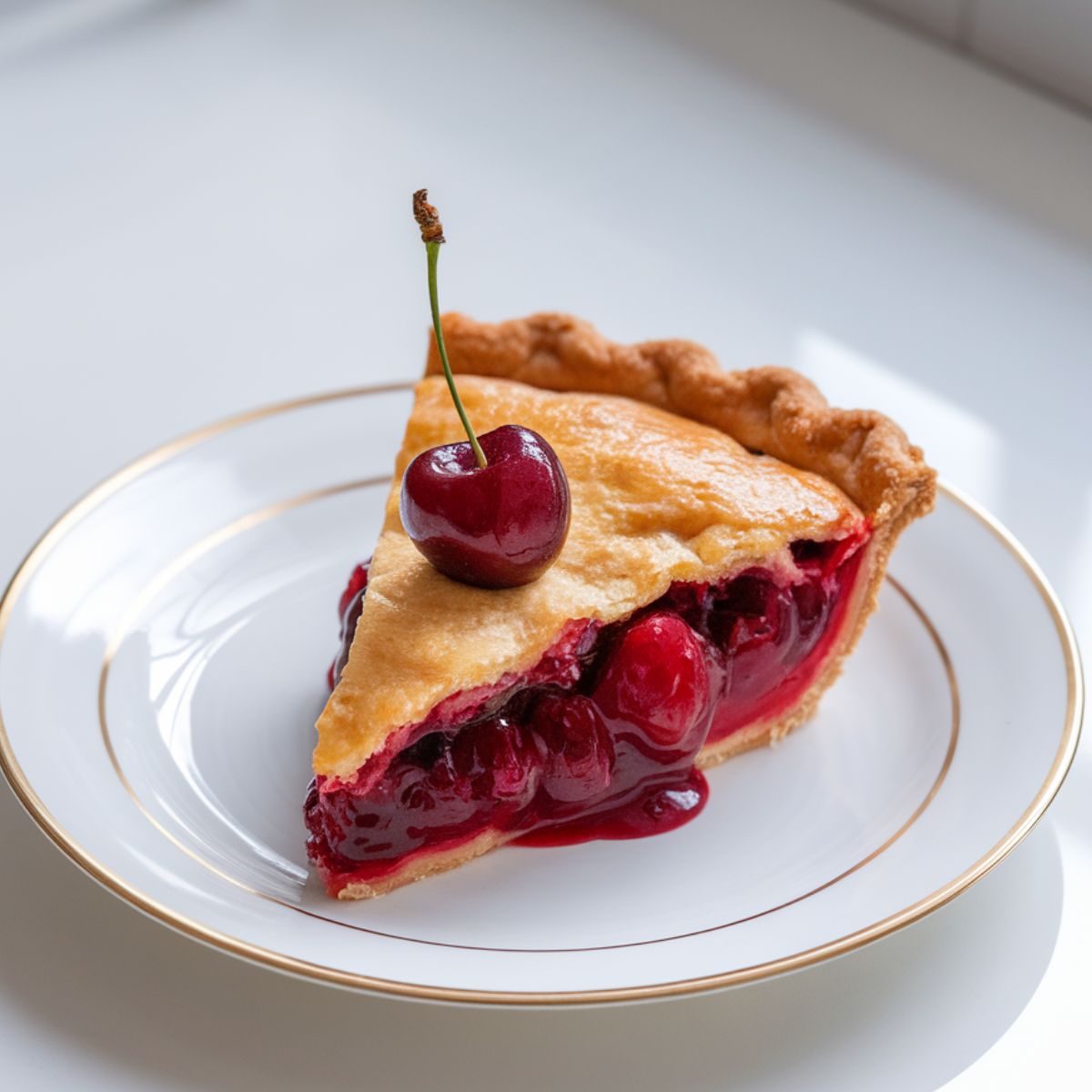 A slice of canned cherry pie with a golden-brown crust and glossy red cherry filling on a white plate, placed on a white kitchen counter.