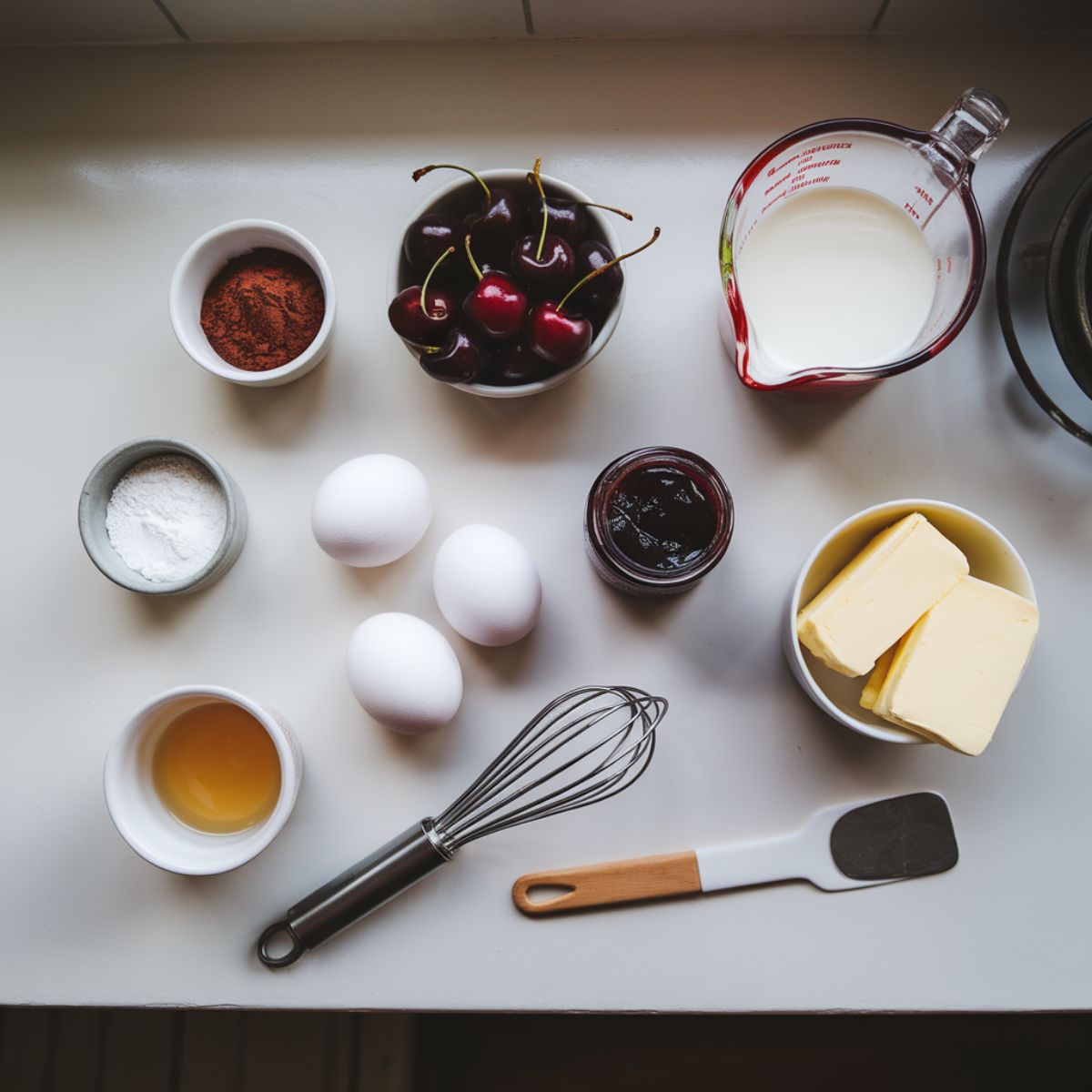 Ingredients for chocolate cherry cake on a white kitchen counter with handwritten labels.