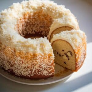 Homemade coconut bundt cake with creamy white frosting and shredded coconut, with a slice cut to reveal its moist, golden interior.