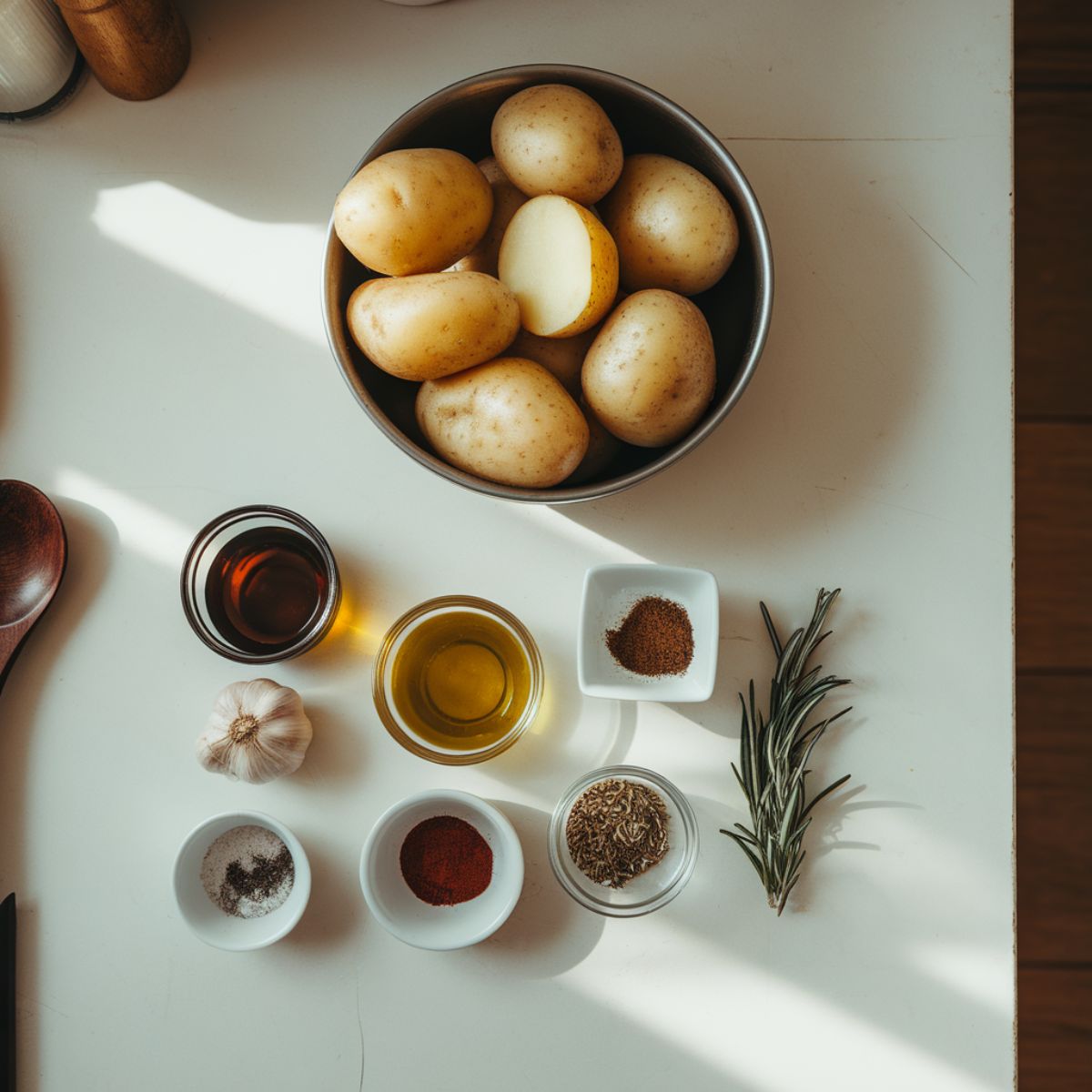 Ingredients for air fryer breakfast potatoes including Yukon Gold potatoes, olive oil, and seasonings.