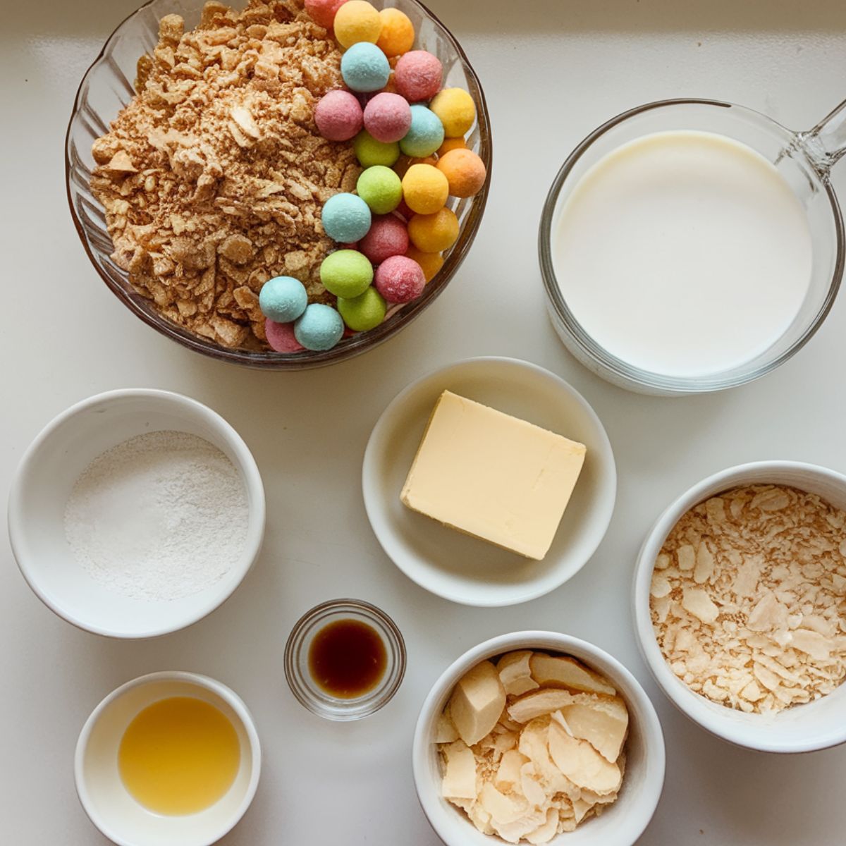 Ingredients for lolly cake recipe, including biscuits, fruit puffs, condensed milk, and coconut, arranged on a white kitchen counter."