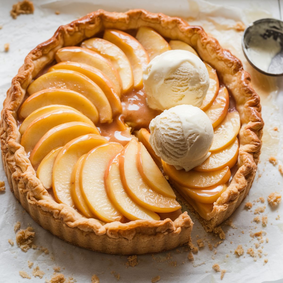 Rectangular apple tart with golden-brown puff pastry, glazed apple slices, and melting vanilla ice cream, on parchment paper with an ice cream scoop nearby