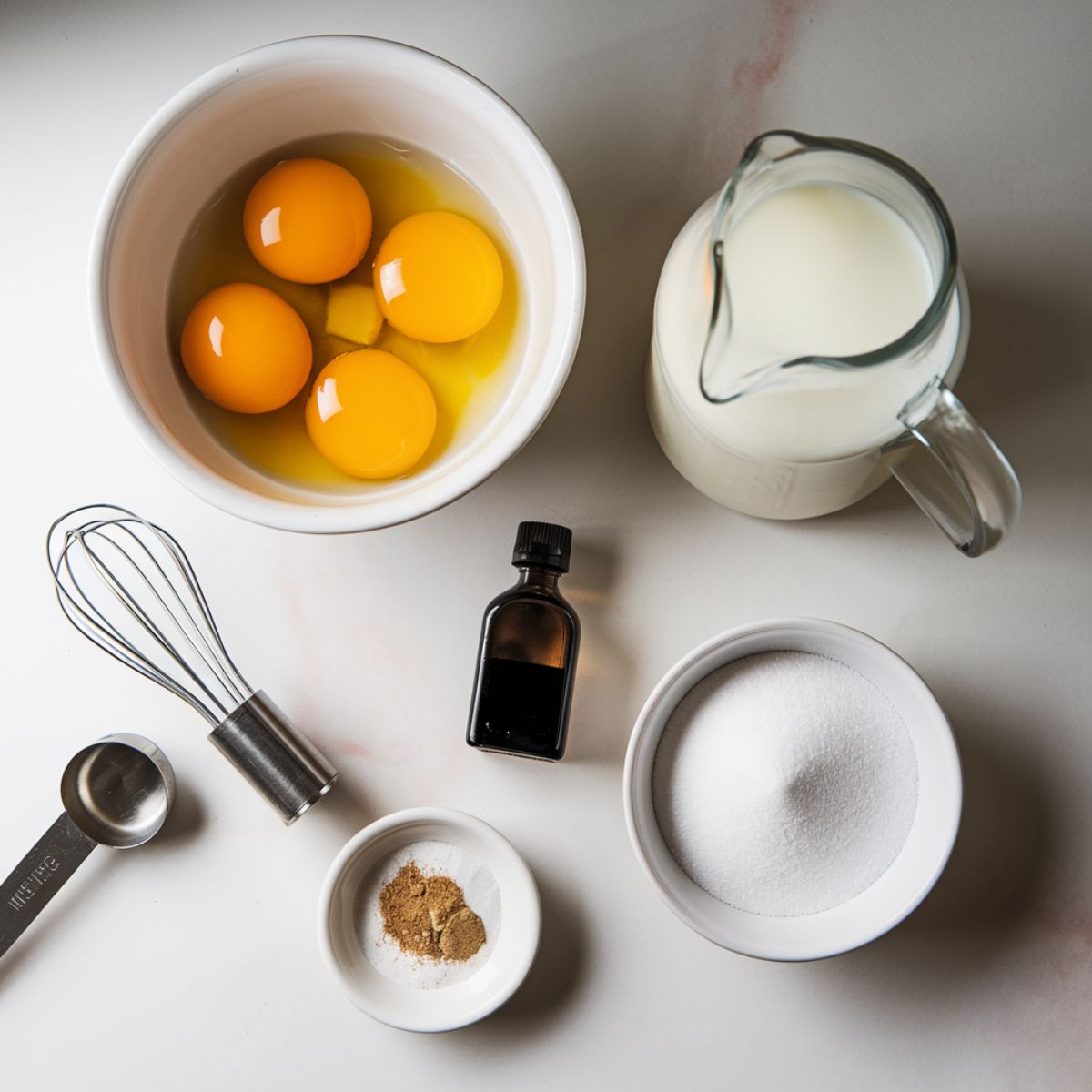 Ingredients for Amish baked custard: eggs, milk, vanilla extract, sugar, and nutmeg arranged on a white counter.