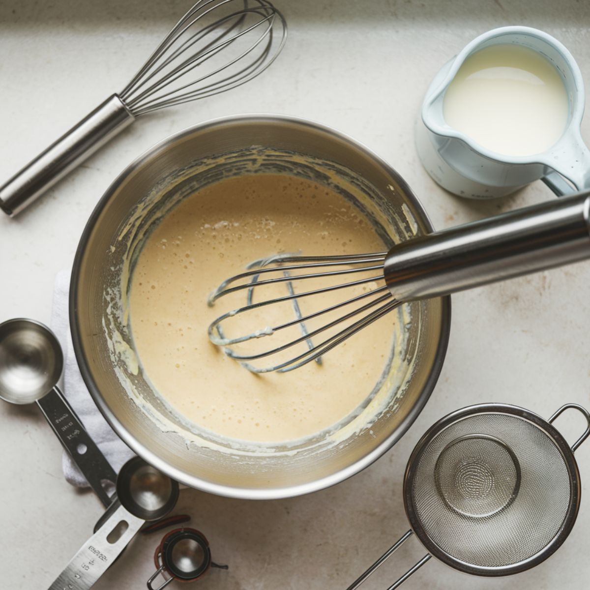 Custard mixture in a bowl with a whisk, milk jug, and fine-mesh strainer on a white kitchen counter.