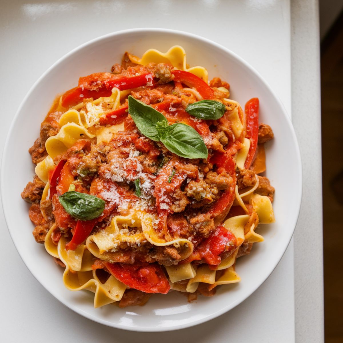 Plate of Italian Drunken Noodles with colorful vegetables, sausage, and fresh basil.