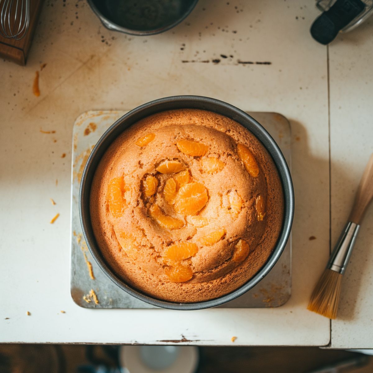 A freshly baked mandarin orange cake cooling on a wire rack with garnishing tools nearby.