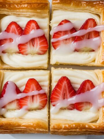 Golden and flaky strawberry puff pastry slices, topped with fresh sliced strawberries, creamy filling, and a drizzle of white icing on parchment paper.