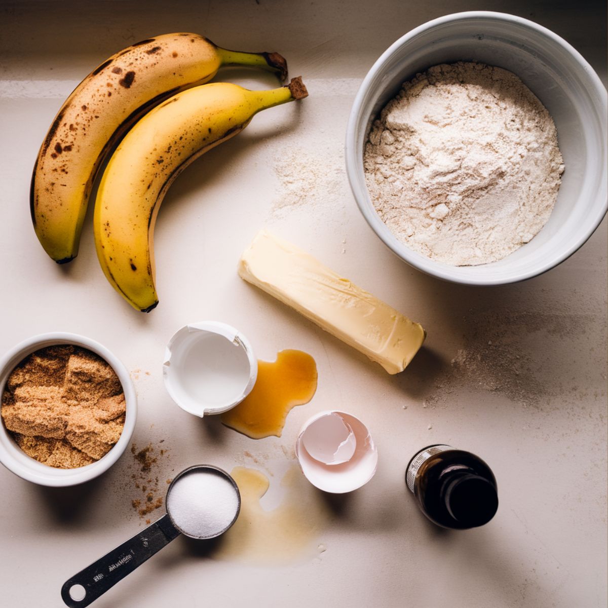 Overhead shot of banana bread ingredients, including ripe bananas, flour, butter, sugar, egg, vanilla, and baking soda