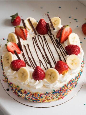 Top view of a layered banana split cake with whipped cream, fresh fruit, and chocolate drizzle