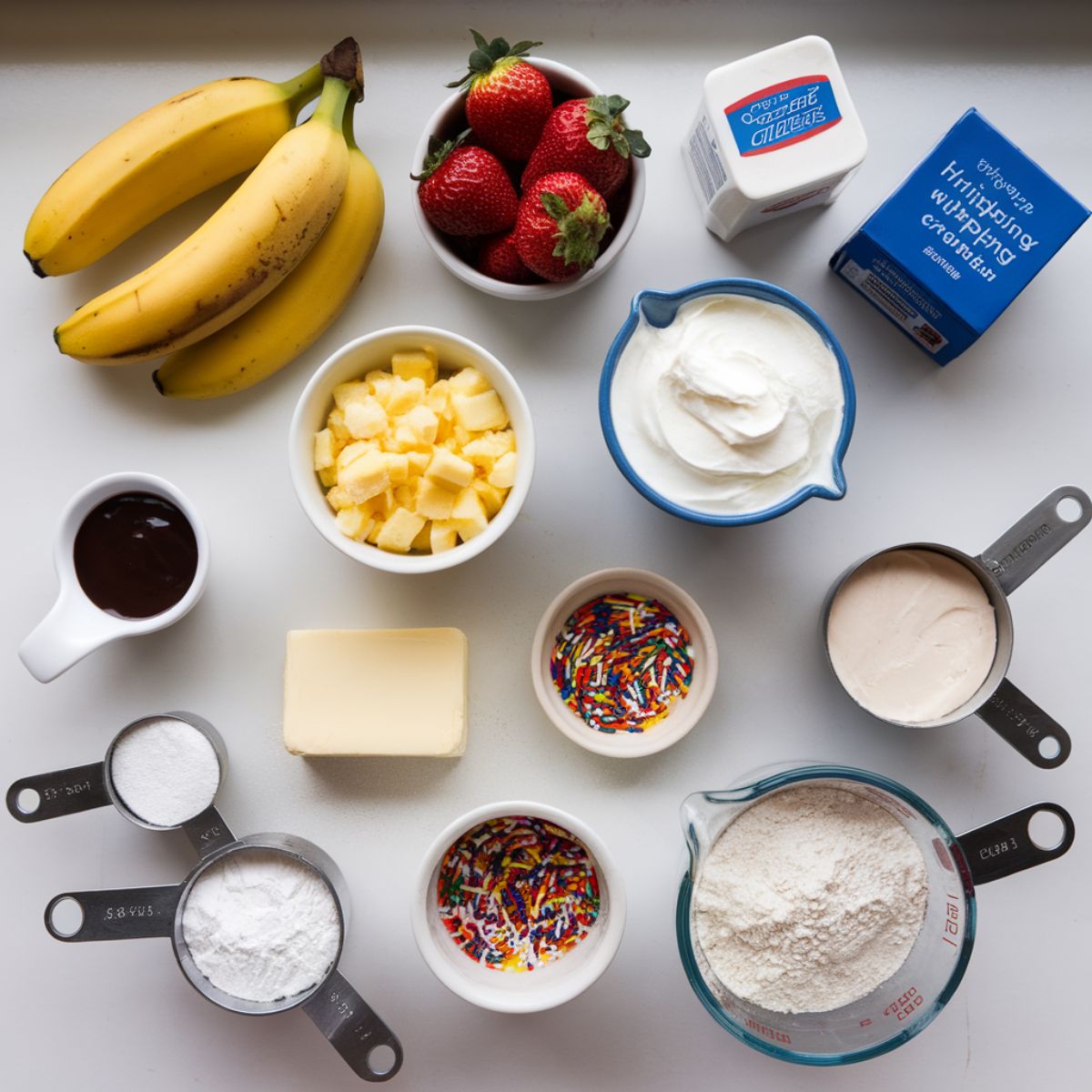 ngredients for banana split cake including bananas, strawberries, crushed pineapple, cream cheese, heavy cream, butter, maraschino cherries, chocolate sauce, and sprinkles