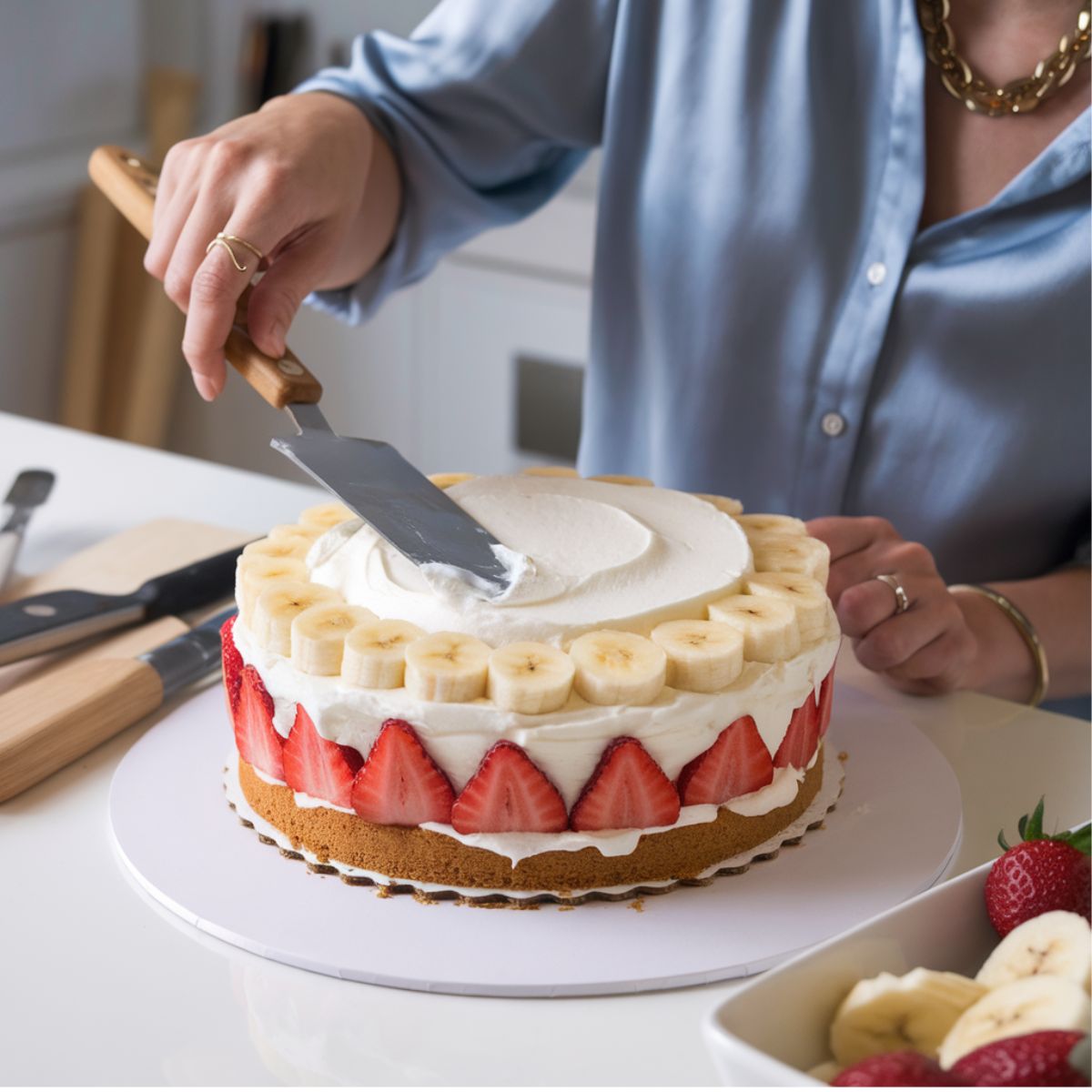 Hannah layering a banana split cake with bananas, strawberries, and whipped cream.