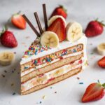 single slice of banana split cake decorated with white frosting, colorful sprinkles, banana slices, strawberries, and chocolate sticks, with additional strawberries and banana slices scattered around on a white surface.