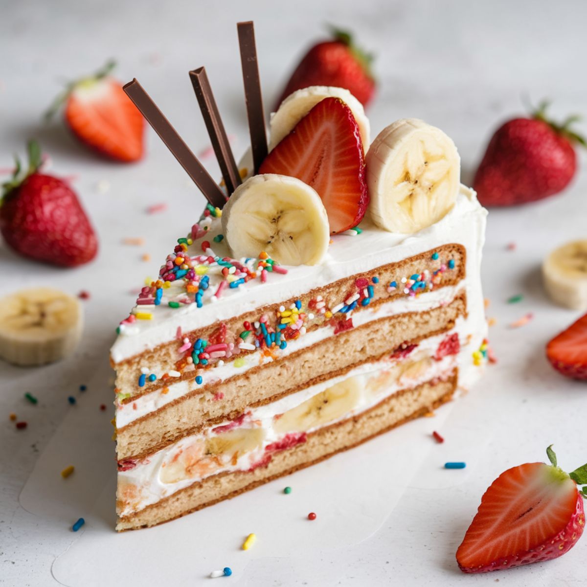 single slice of banana split cake decorated with white frosting, colorful sprinkles, banana slices, strawberries, and chocolate sticks, with additional strawberries and banana slices scattered around on a white surface.