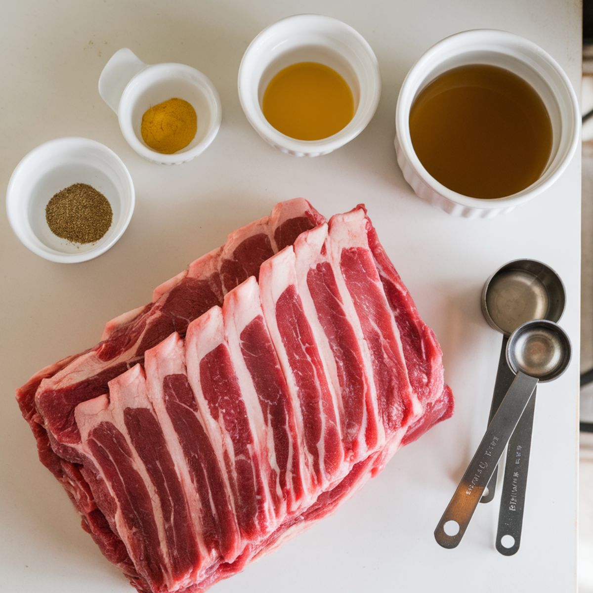 Raw beef back ribs surrounded by small bowls of seasonings, yellow mustard, apple cider vinegar, and beef broth on a white counter.