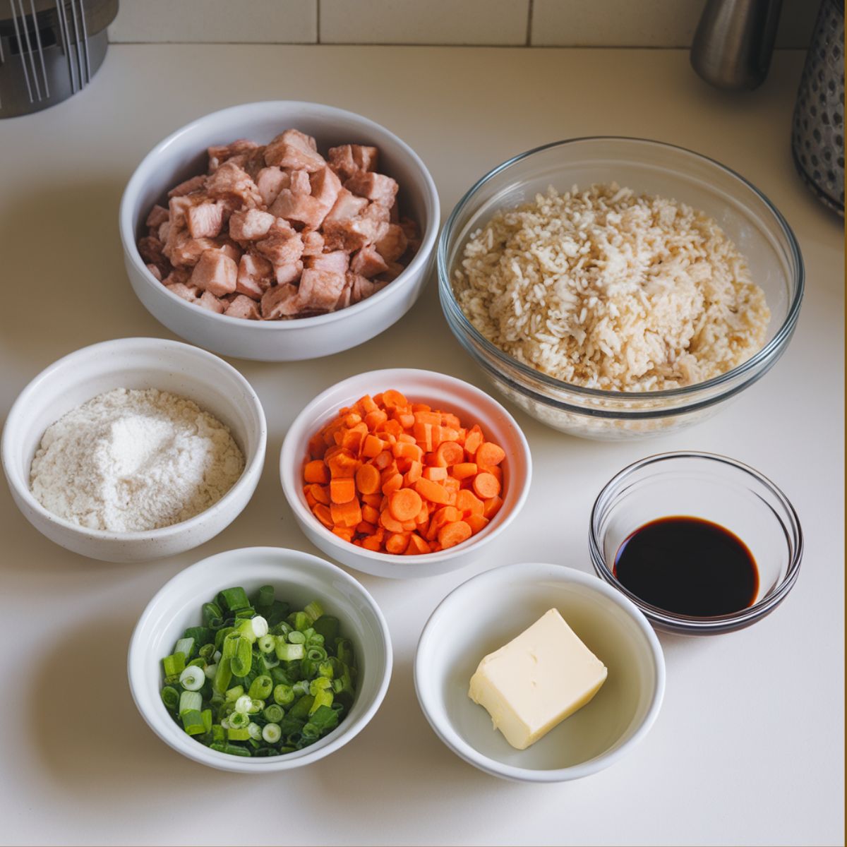 Ingredients for Benihana-style chicken fried rice in small bowls on a white counter, including chicken, rice, vegetables, and seasonings.