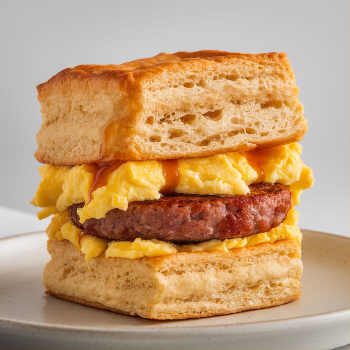 Flaky biscuit breakfast sandwich with scrambled eggs, sausage patty, and syrup drizzle on a white plate.