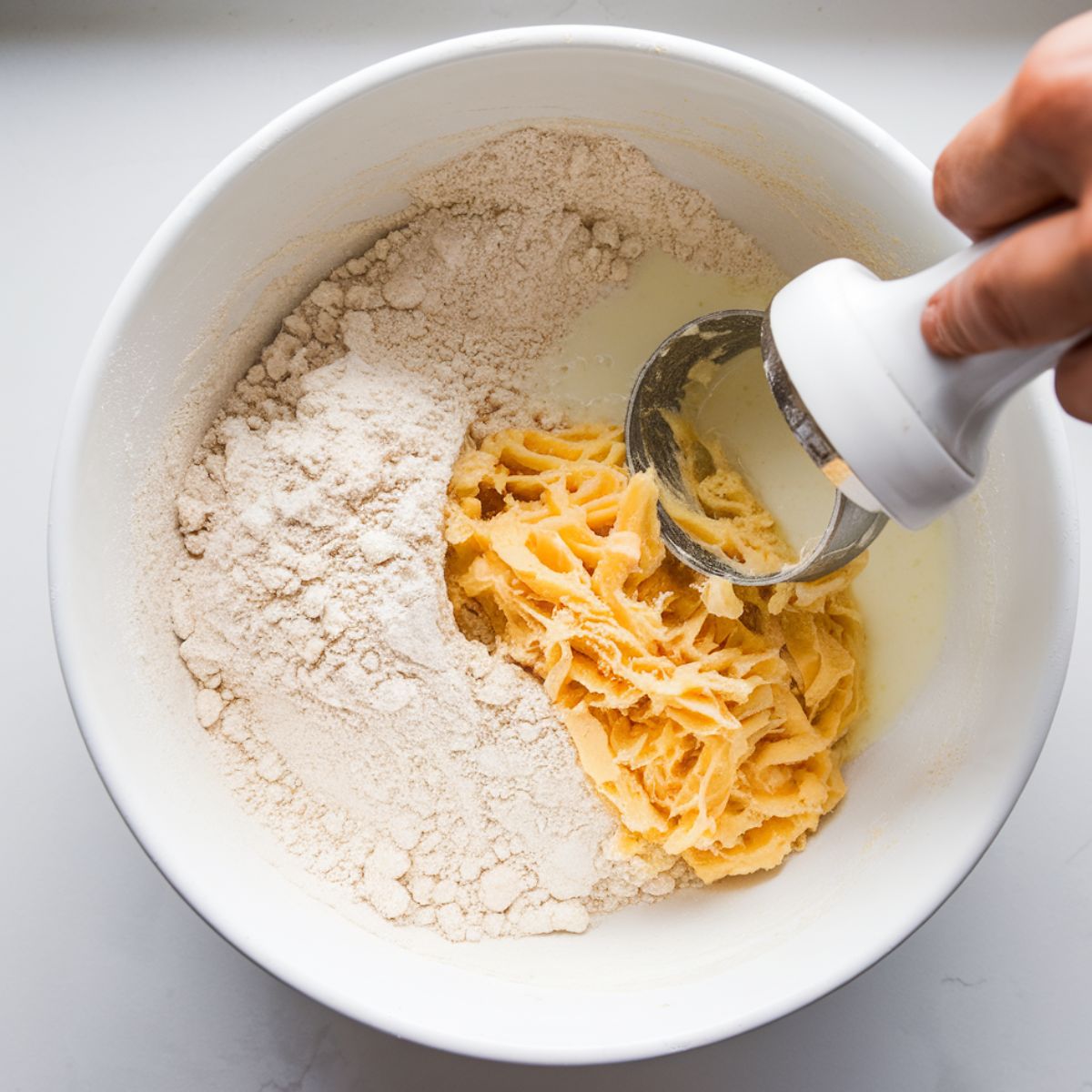 Biscuit dough being mixed in a white bowl with a pastry cutter on a white countertop.