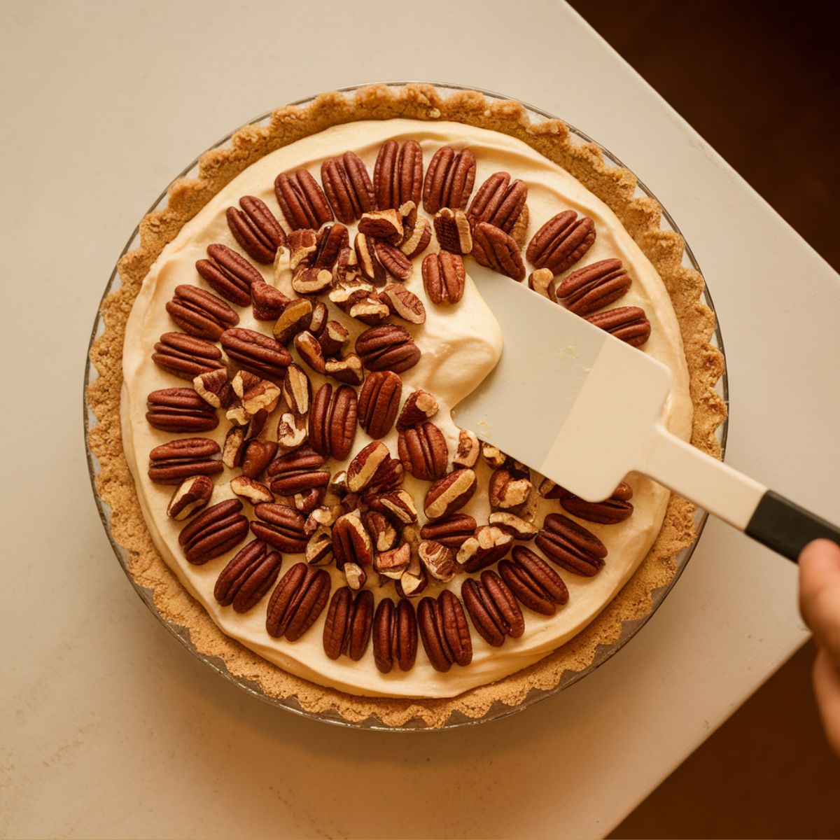 Spreading cream filling into a blind-baked pie crust and arranging whole pecans on top for a pecan cream pie.