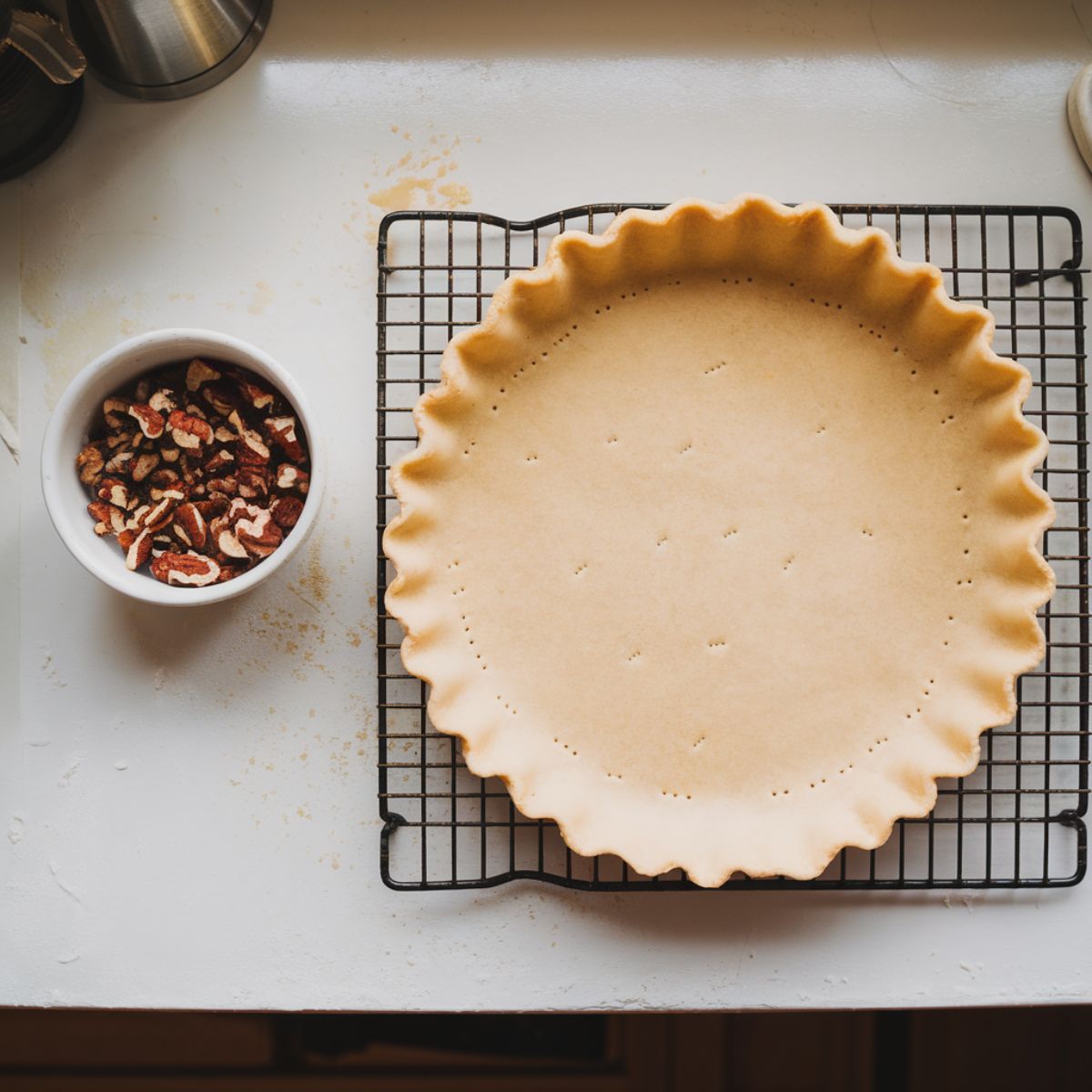 Blind-baked pie crust cooling on a wire rack with chopped pecans and whole pecans on a white kitchen counter.