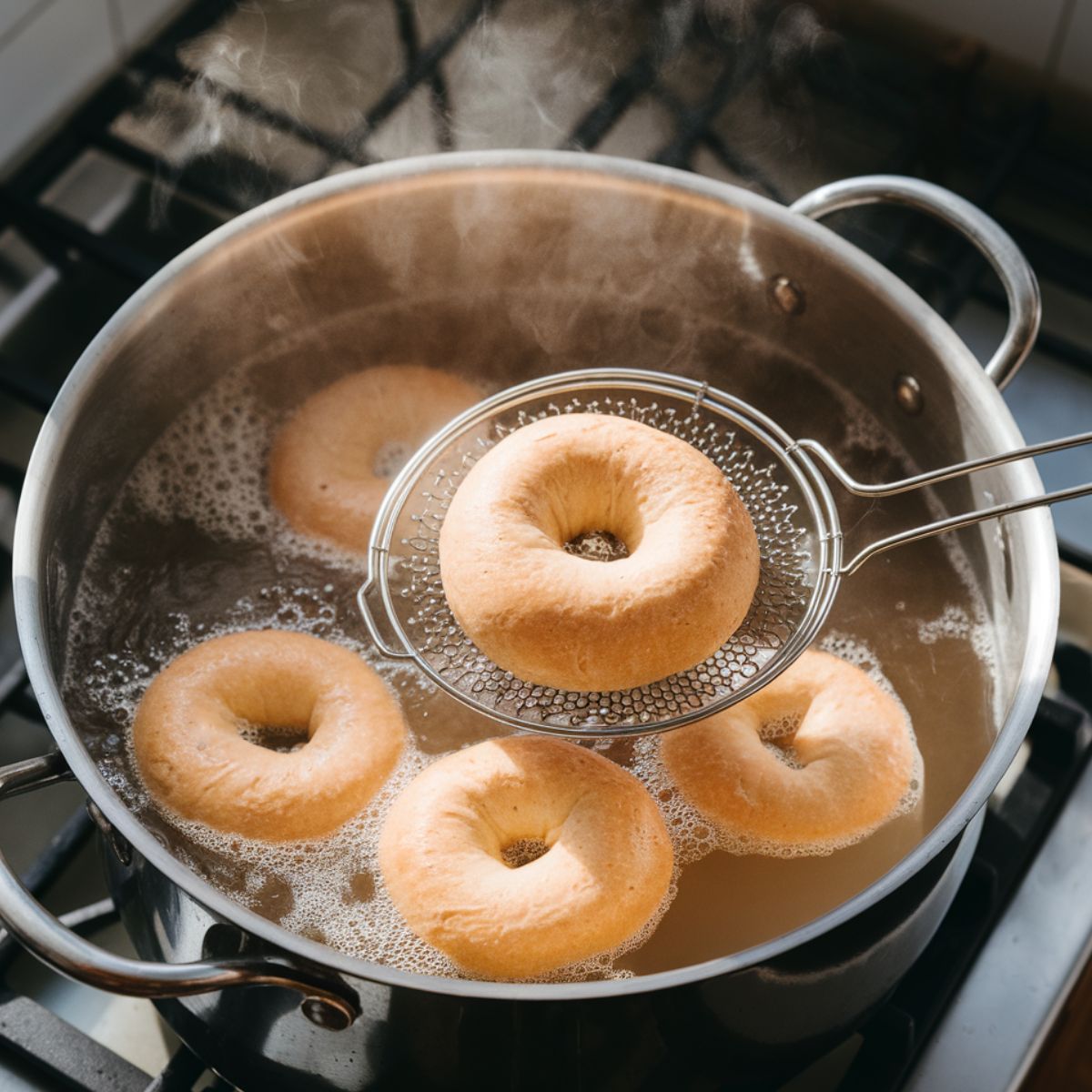 Sourdough bagels boiling in a pot of water with a spider strainer lifting one out, steam rising.