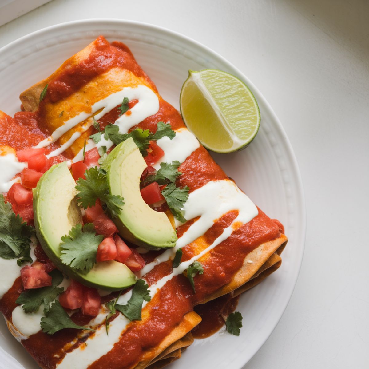 Final Boulders Enchilada Recipe served on a white plate with red sauce, crema, avocado, and lime