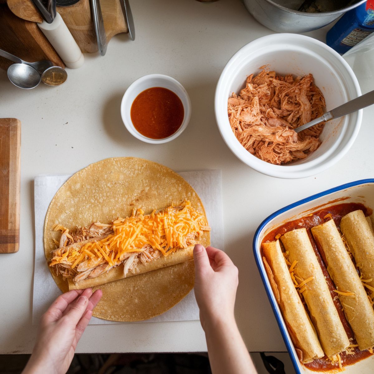 Step-by-step assembly of the Boulders Enchilada Recipe, with tortillas, chicken, cheese, and sauce