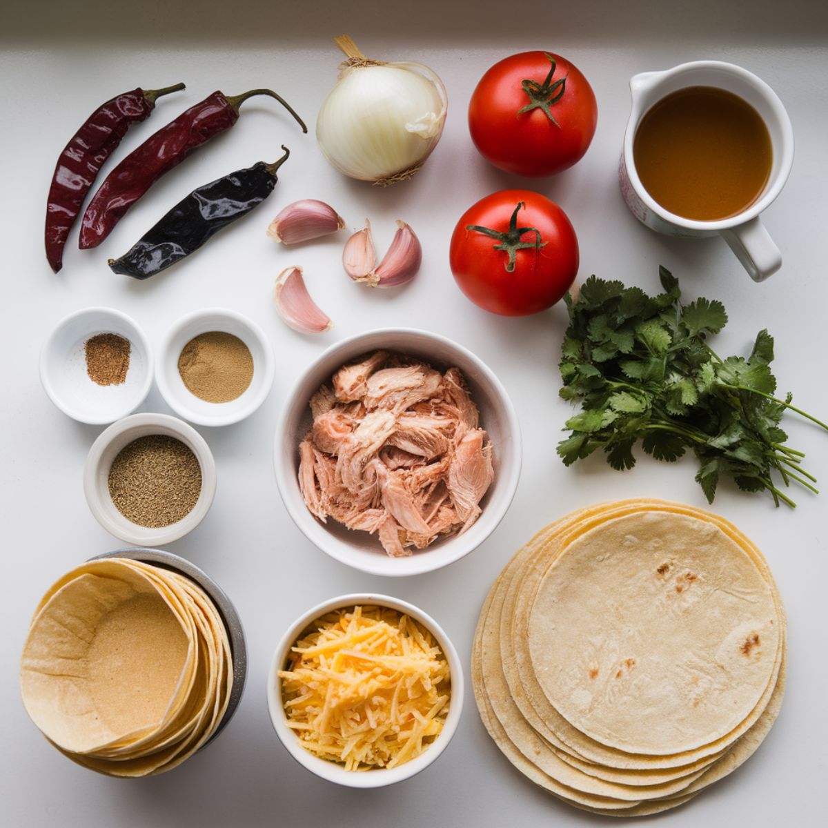 Ingredients for Boulders Enchilada Recipe, including dried chilies, garlic, tomatoes, chicken, tortillas, and cheese