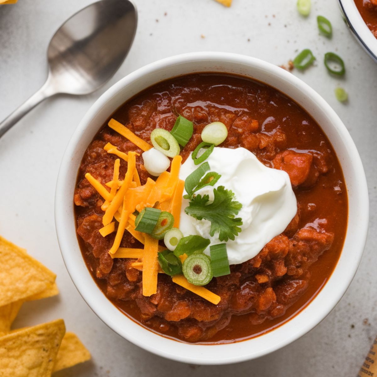 A bowl of Brooks seasoning chili topped with cheese, sour cream, and green onions on a white kitchen counter with tortilla chips scattered nearby