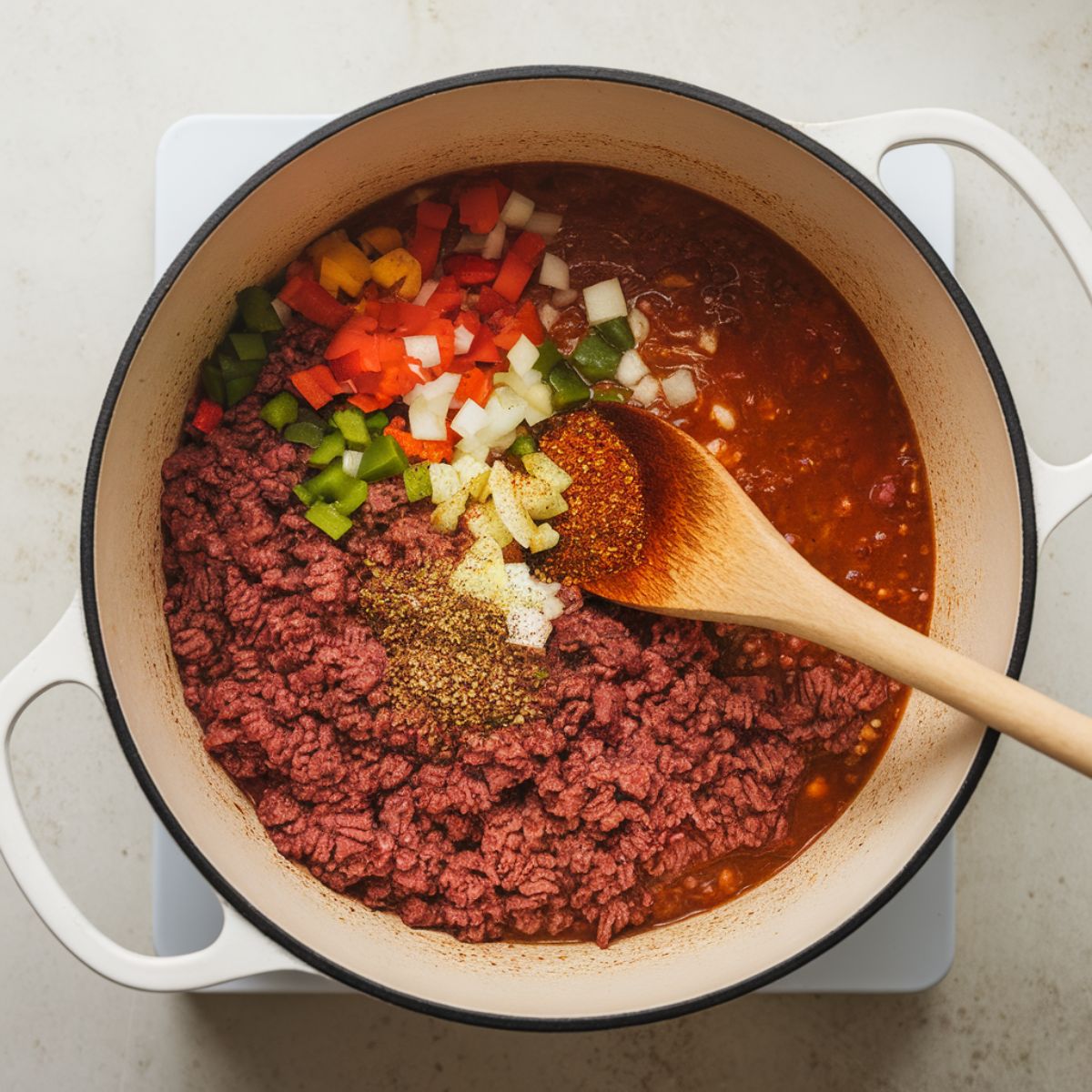 Ground beef, peppers, onions, and chili seasoning cooking together in a Dutch oven