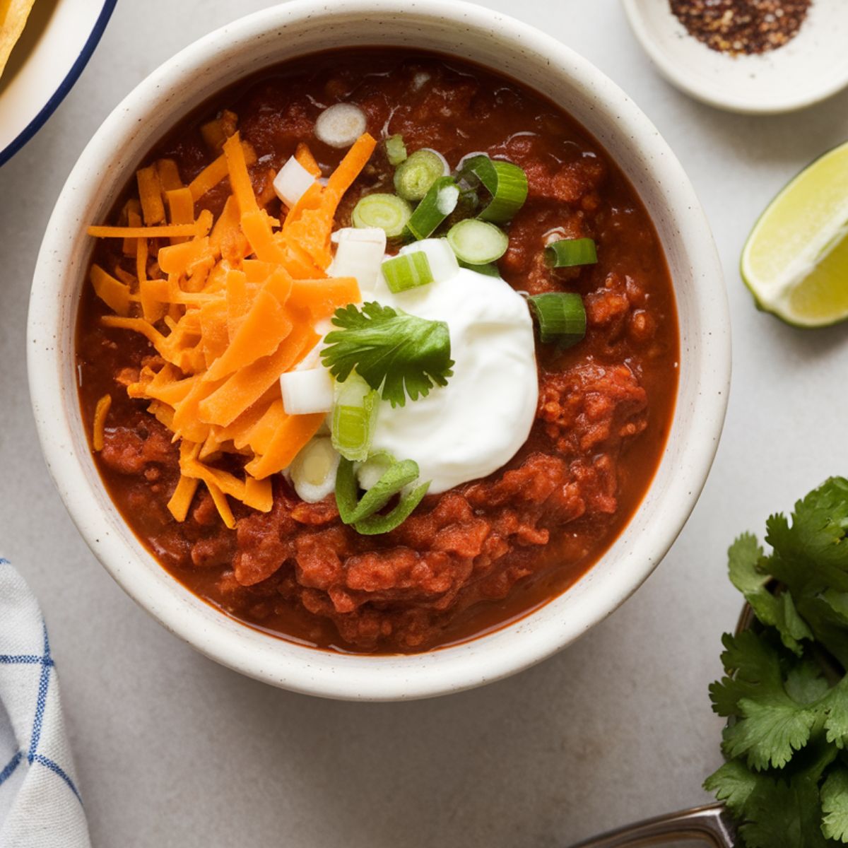 cream, cheese, and green onions, surrounded by tortilla chips and lime wedges on a white counte