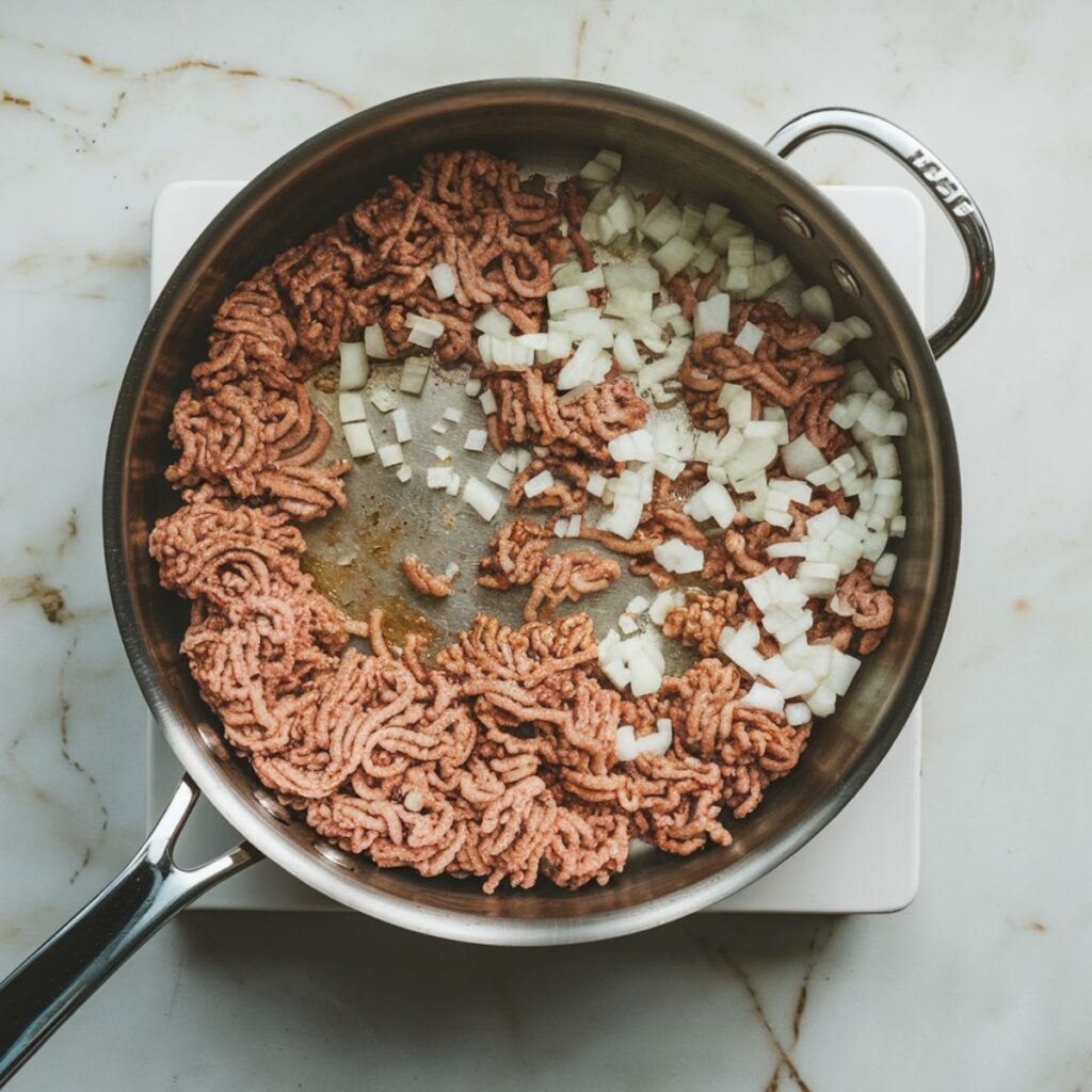 verhead view of a skillet on a marble kitchen counter with browned ground turkey and diced onions, cooked to golden perfection. The lighting is natural, giving the scene a cozy, homemade feel.