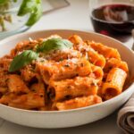 A bowl of spicy rigatoni pasta coated in creamy vodka sauce, garnished with fresh basil and Parmesan cheese on a white kitchen counter