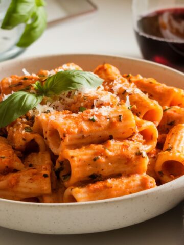 A bowl of spicy rigatoni pasta coated in creamy vodka sauce, garnished with fresh basil and Parmesan cheese on a white kitchen counter