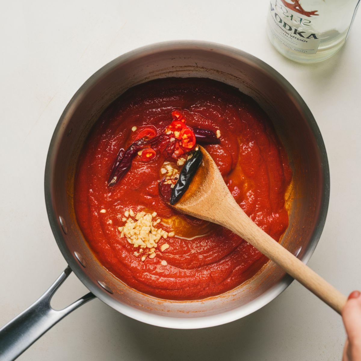 Spicy vodka sauce cooking in a stainless steel saucepan, with visible tomato puree, Calabrian chilies, and garlic being stirred on a white kitchen counter