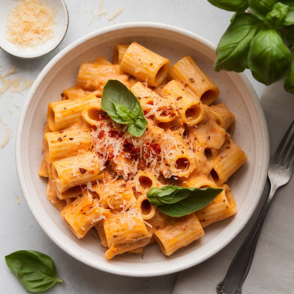 A plate of spicy rigatoni pasta topped with Pecorino Romano, basil leaves, and red pepper flakes, served on a white ceramic dish with garnishes nearby.