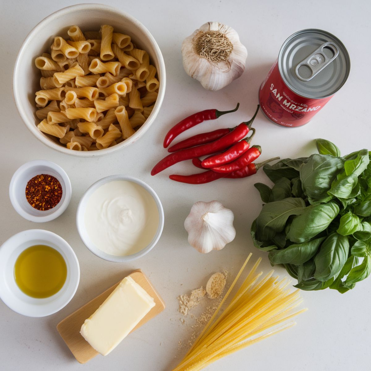 Ingredients for Carbone spicy rigatoni recipe, including rigatoni, San Marzano tomatoes, heavy cream, garlic, Calabrian chilies, and cheeses,