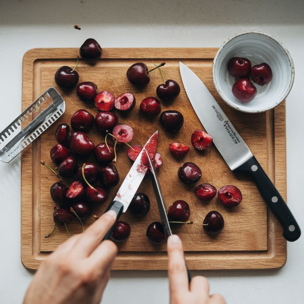 Chopped cherries on a cutting board with a cherry pitter and knife on a white kitchen counter.