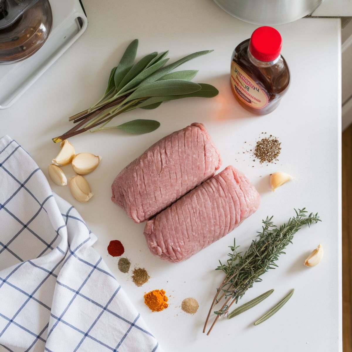 Raw ingredients for chicken breakfast sausage, including ground chicken, fresh herbs, garlic, and spices, on a white countertop.