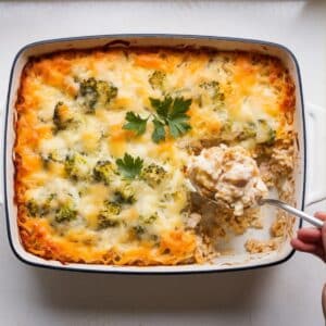 Cheesy chicken broccoli rice casserole in a white baking dish on a white counter