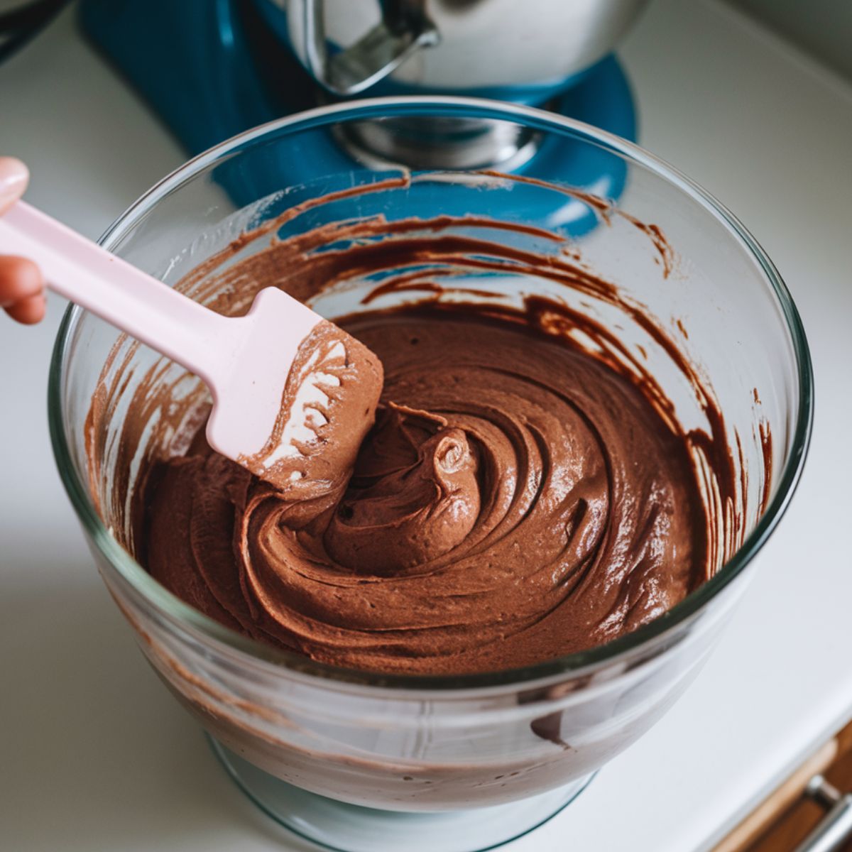 Chocolate pound cake batter being mixed in a glass bowl with a silicone spatula.