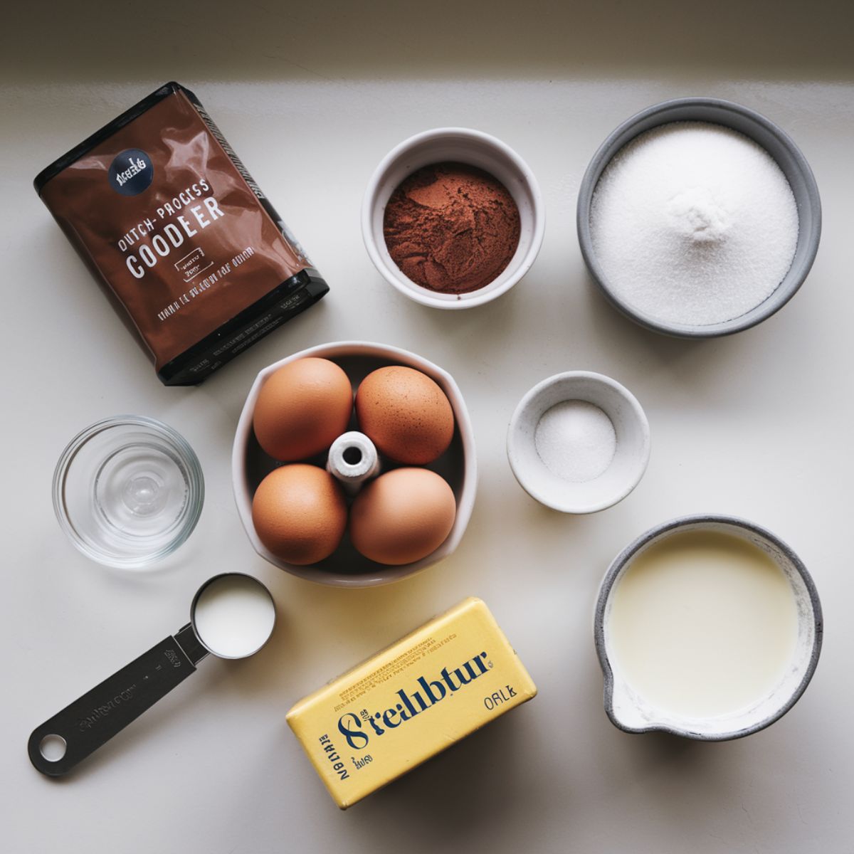 Flat lay of chocolate pound cake ingredients on a white kitchen counter, including cocoa, eggs, butter, sugar, and milk.