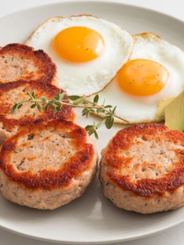 Freshly cooked chicken breakfast sausage patties garnished with herbs on a white ceramic plate.