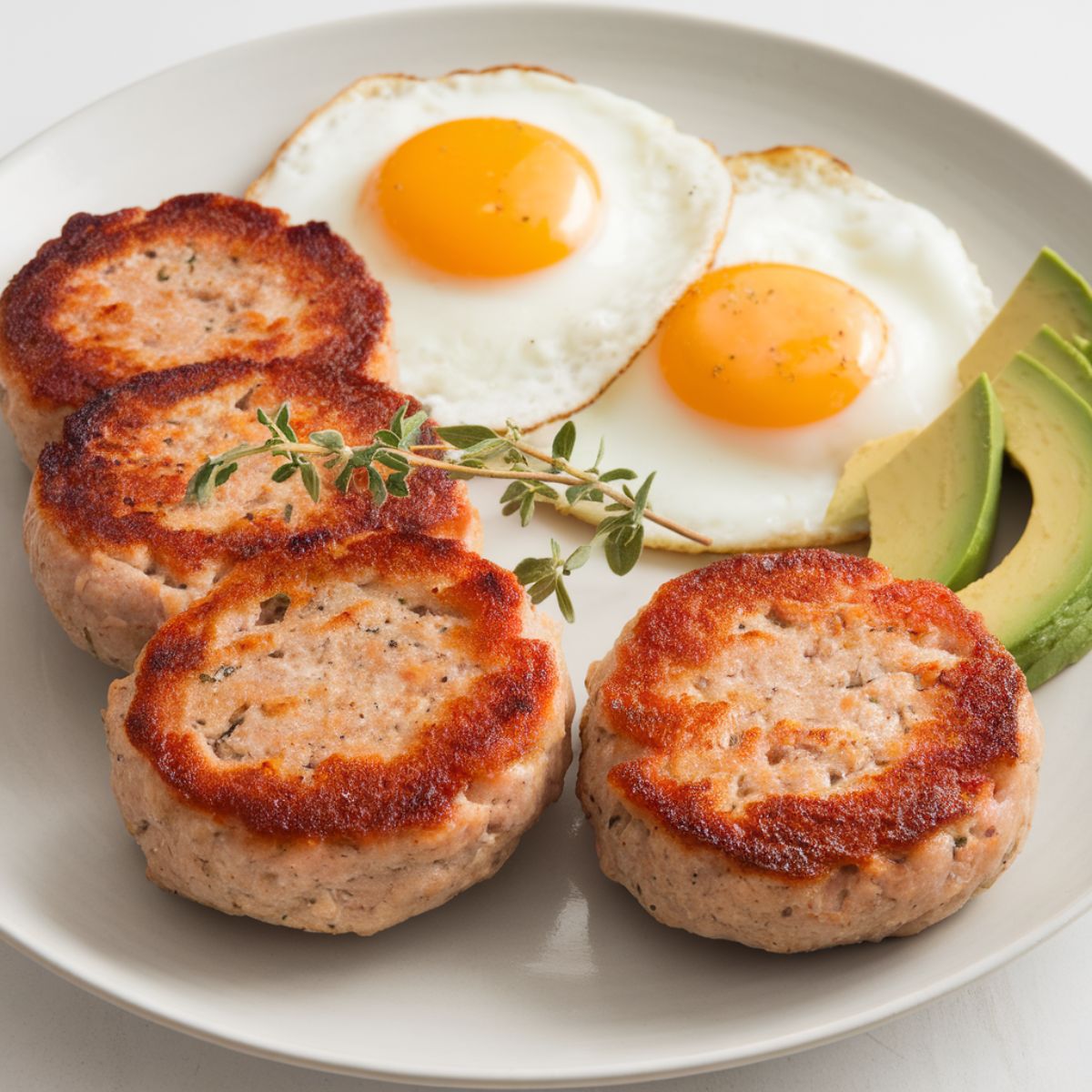 Freshly cooked chicken breakfast sausage patties garnished with herbs on a white ceramic plate.