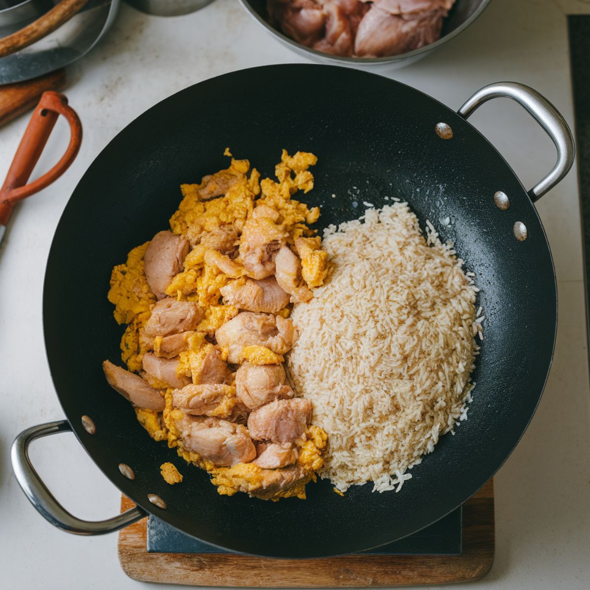 Chicken and scrambled eggs cooking in a wok with day-old rice being added