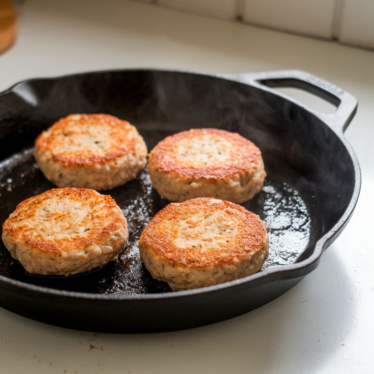 Chicken breakfast sausage patties cooking in a cast iron skillet