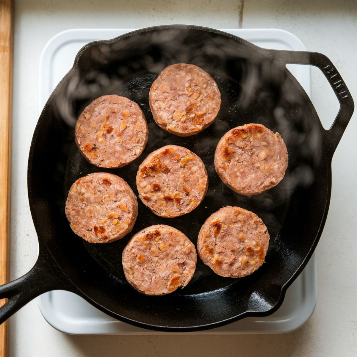 Turkey breakfast sausage patties cooking in a cast iron skillet with golden crust