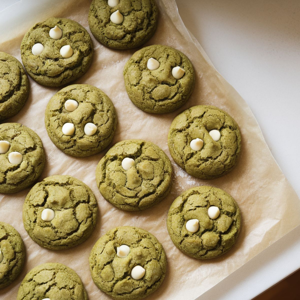 Freshly baked matcha cookies with white chocolate chips resting on parchment paper, cooling on a white kitchen counter.