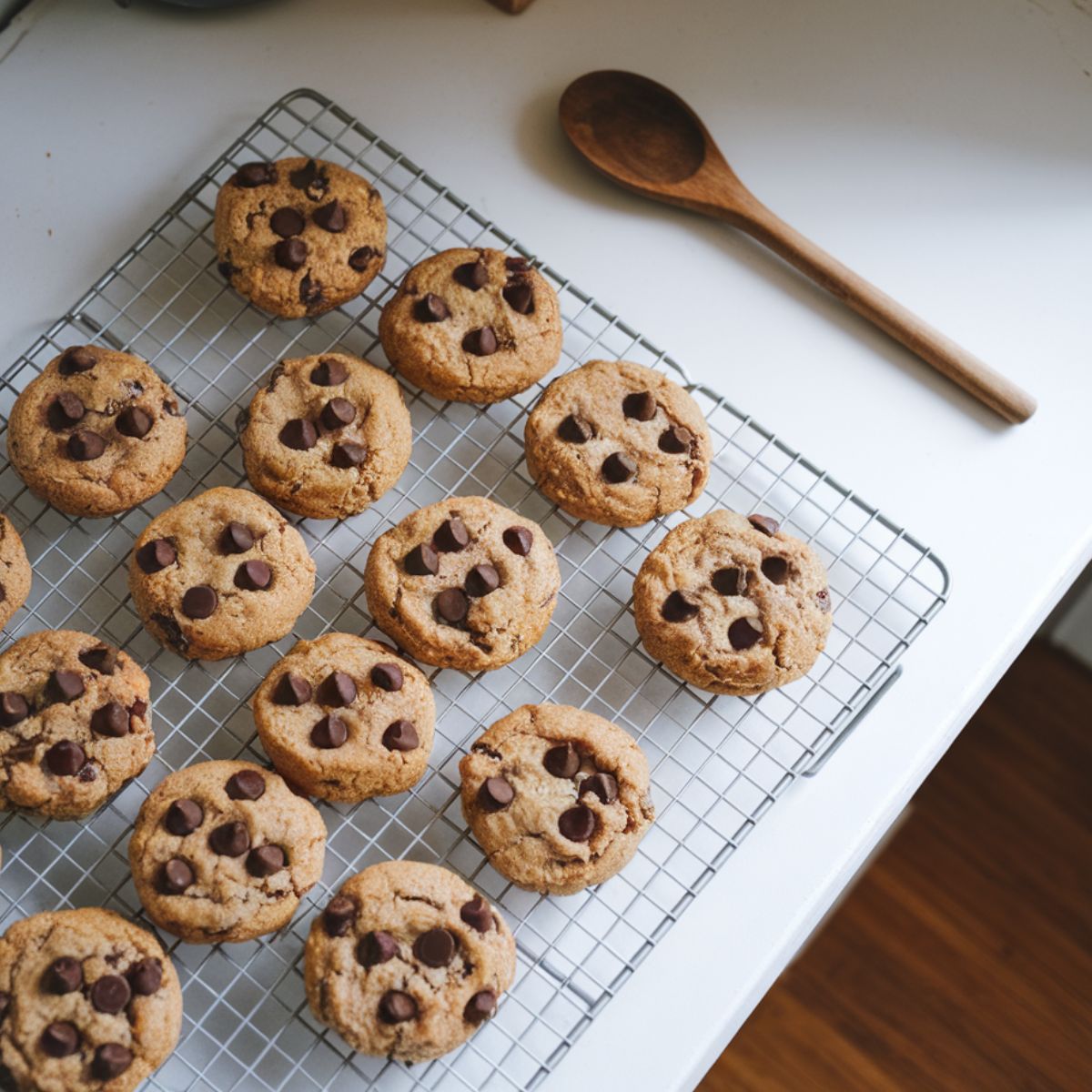 Freshly baked protein cookies with chocolate chips on a cooling rack on a white kitchen counter.